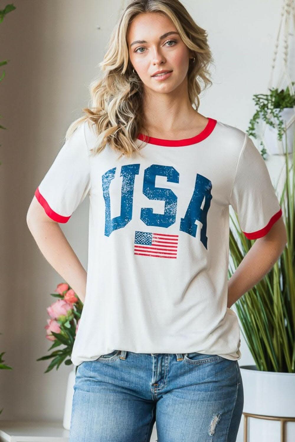Heimish Full Size USA Contrast Trim Short Sleeve T-Shirt - Love Salve